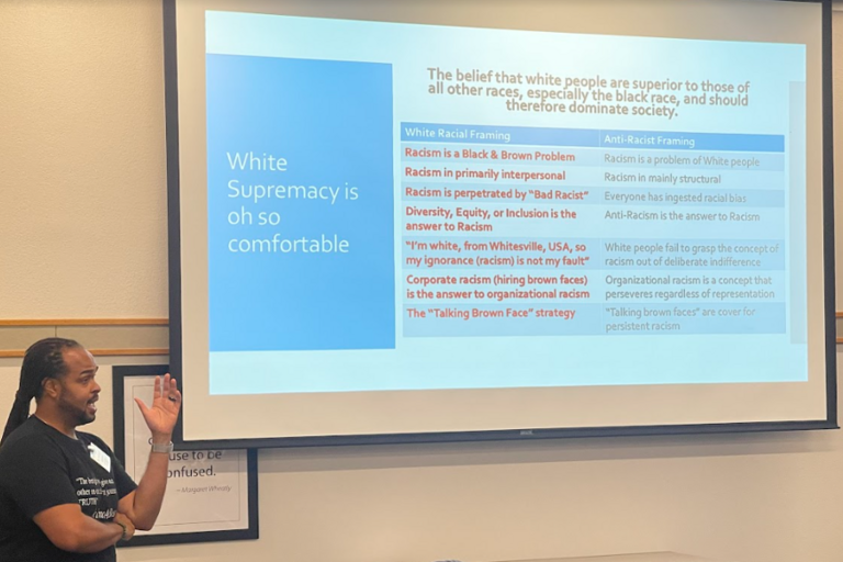 Sonoma spotlight image of a man talking about white supremacy
