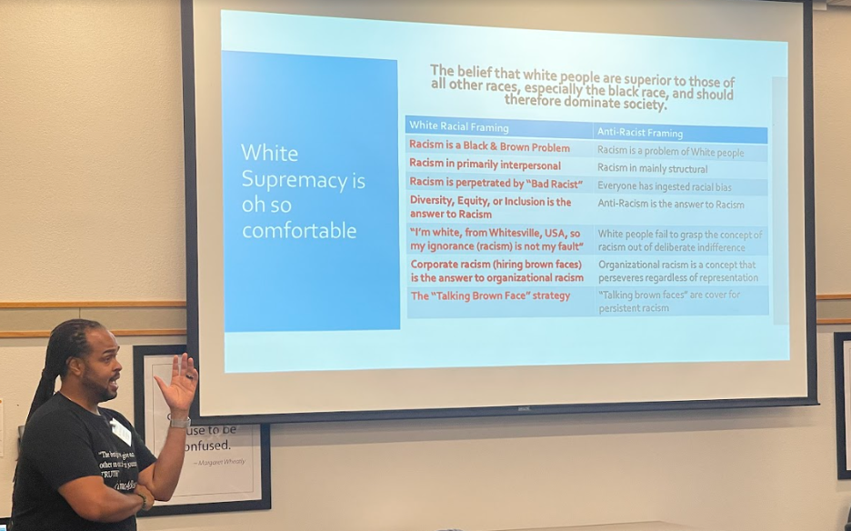 Sonoma spotlight image of a man talking about white supremacy